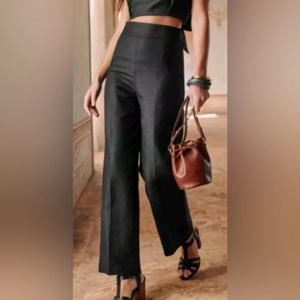 Sezane Jenson Linen Straight Leg Pants Black Size FR46/US 14